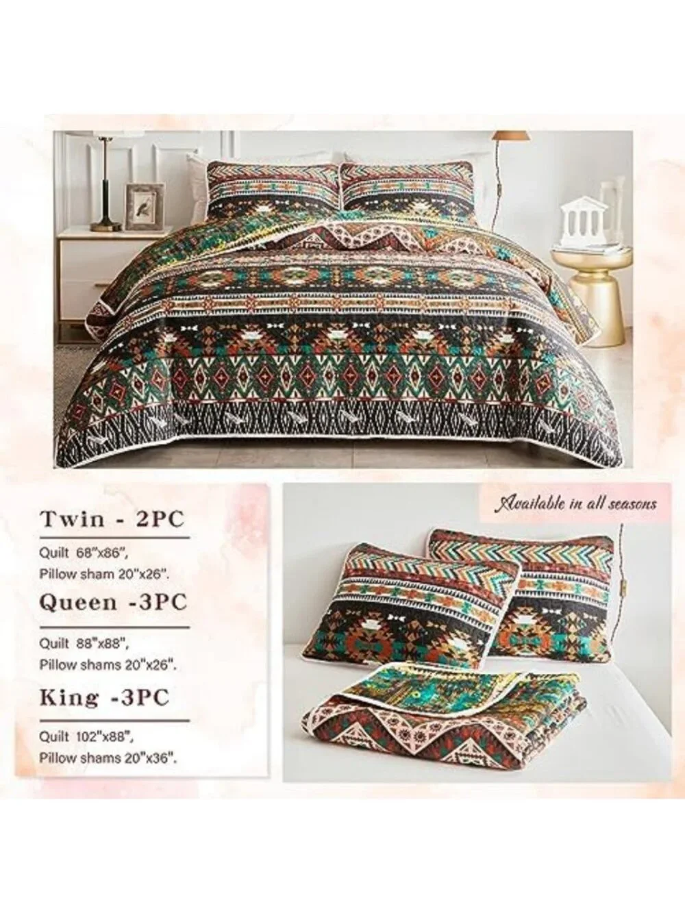 Colorful Bohemian King Quilt Set - Soft Lightweight Bedspread & 2 Shams, Boho